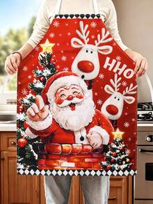 1pc Festive Christmas Apron - Cute Santa Claus&Reindeer Design, Polyester Holiday Decorative Apron, Suitable For Home Kitchen Baking, And Restaurant Servers, Christmas Kitchen Decor, Cooking Accessories, Christmas Decorations - Multicolor - View 2