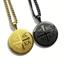 Orthodox Faith Cross Pendant Necklace For Men And Women, Engraved Classic IC XC NIKA Symbol, Vintage Religious Cross Round Pendant, Hip Hop Cuban Chain Street Style Neck Accessory, Personalized Neck Chain Blessing Accessory Conveying Faith Power - Pendant Necklace - View 6