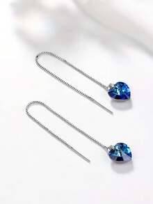1 Pair S925 Sterling Silver Minimalist Luxury Cool Tone Ins Blue Heart Long Earline French Fashion Gentle Atmosphere Elegant Niche Design Ocean Heart Tassel Heart-Shaped Women's Earrings Fresh Elegant Personality High-End Party Versatile Accessory Gift - Love - View 9