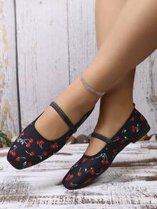Vintage Flat Square Toe Cherry Low Vamp Ballet Mary Jane Shoes For Women Spring Autumn - Black - View 2