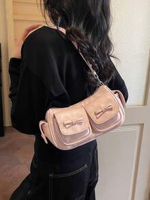 Shoulder Bag With Bow Knot Patch Pocket Decor, Multi-Pocket Layered Storage For Small Items, Zipper Closure, Baguette Underarm Bag For Daily Outings, Dates, Commuting, Travel, Versatile And Personalized Adjustable Strap Crossbody Small Bag - Pink - View 6