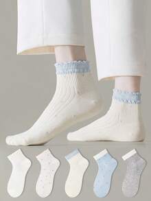 ZUJO 5 Pairs Multicolor Polka Dot Ruffle Trim Short Socks, Cute Polka Dot Pattern, Breathable And Comfortable, Suitable For Spring, Summer And Autumn Wear, Random Color Shipment - Multicolor - View 4