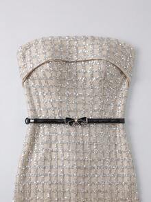 Modphy New Strapless Sleeveless Fitted Backless Heavy Sequin Long Dress (With Belt) Wedding Gown - Silver - View 8