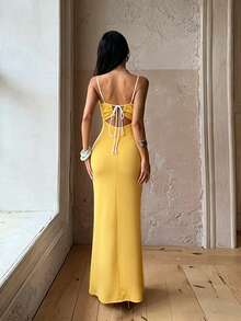 1pc Solid Color Elegant Knit Fabric Sleeveless Dress Beach Summer - Yellow - View 4
