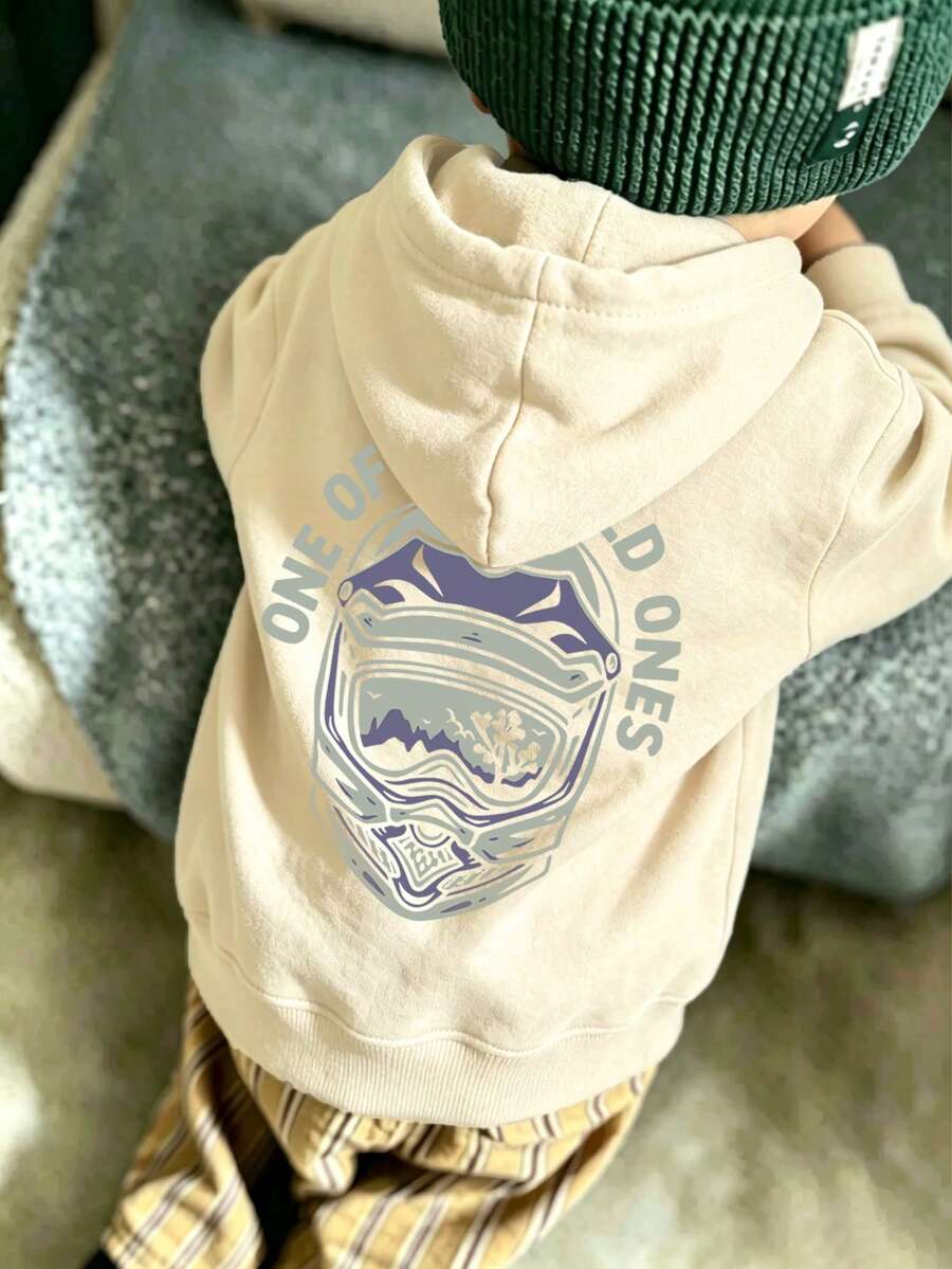 小男孩趣味印花保暖舒適內層加絨套頭運動衫,適合秋冬穿著 - 杏色 - 查看 1
