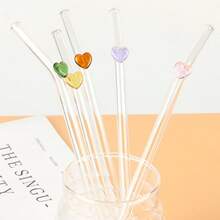 1pc Cute Heart-Shaped Reusable Glass Straw, Transparent, For Milkshakes, Smoothies, Cocktails, And Iced Drinks Christmas Gift - Heart-shaped Glass Straws - View 1