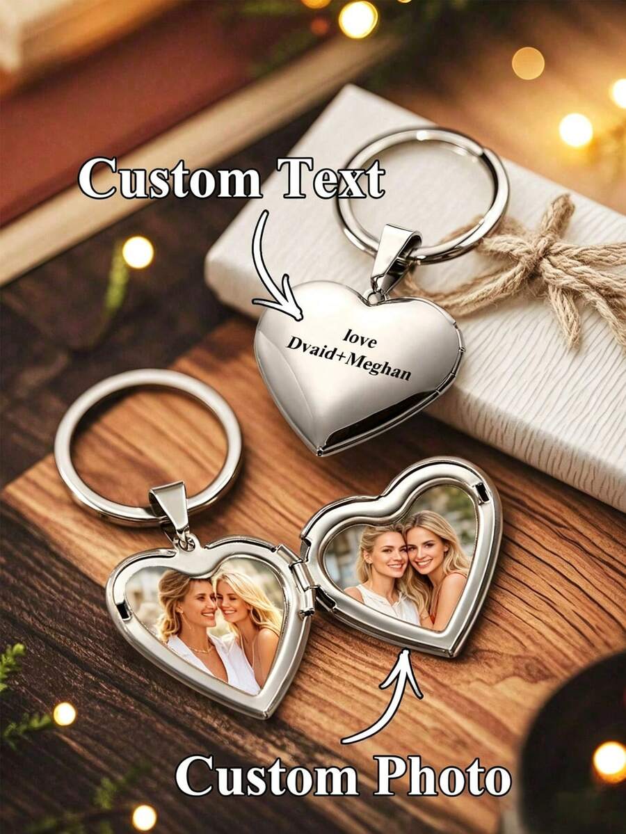 1pc Customized Heart-Shaped Photo Box Keychain, Personalized Photo Keychain, Custom Picture Insert, Elegant Metal Finish, Customized Wedding Photo Travel - Multicolor - View 1