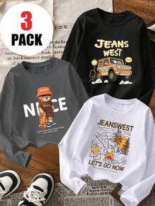 3pcs/Set Tween Boys American Outdoor Cartoon Long Sleeve T-Shirt, Skateboard Bear Off-Road Camping Loose Base Layer Top For Spring And Autumn - Dark Grey - View 1