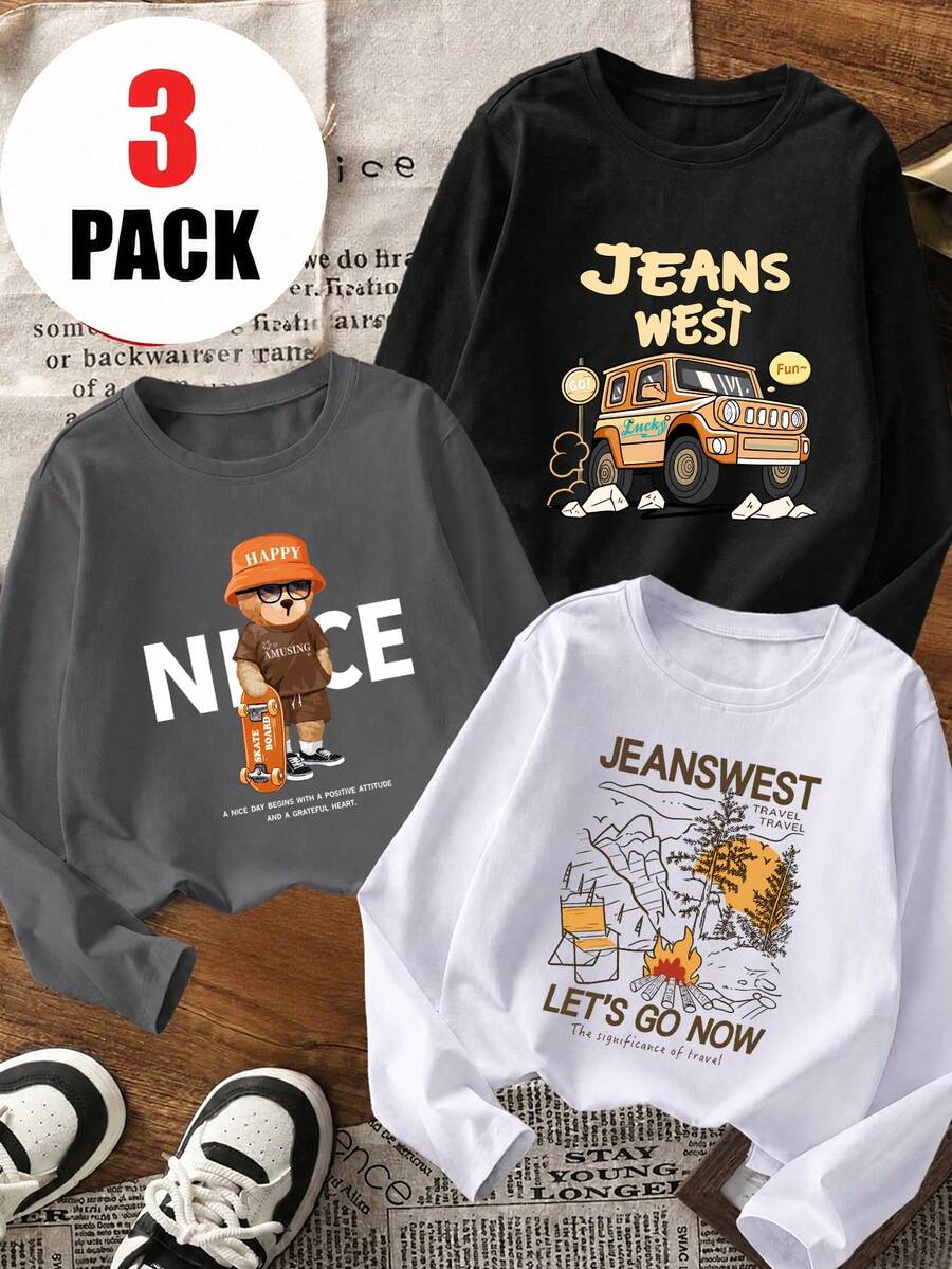 3pcs/Set Tween Boys American Outdoor Cartoon Long Sleeve T-Shirt, Skateboard Bear Off-Road Camping Loose Base Layer Top For Spring And Autumn - Dark Grey - View 1