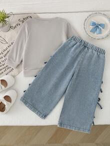 Autumn/Winter Baby Girl Cute Casual Versatile Bowknot Decor Waffle Knit Long Sleeve Top & Elastic Waist Washed Denim Wide Leg Pants Outfit For Outing And Commuting - Light Grey - View 2