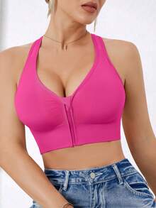 Women's High Intensity Front Zip Seamless Wireless Sports Bra, Suitable For Spring, Summer, Autumn And Winter - Hot Pink - View 8