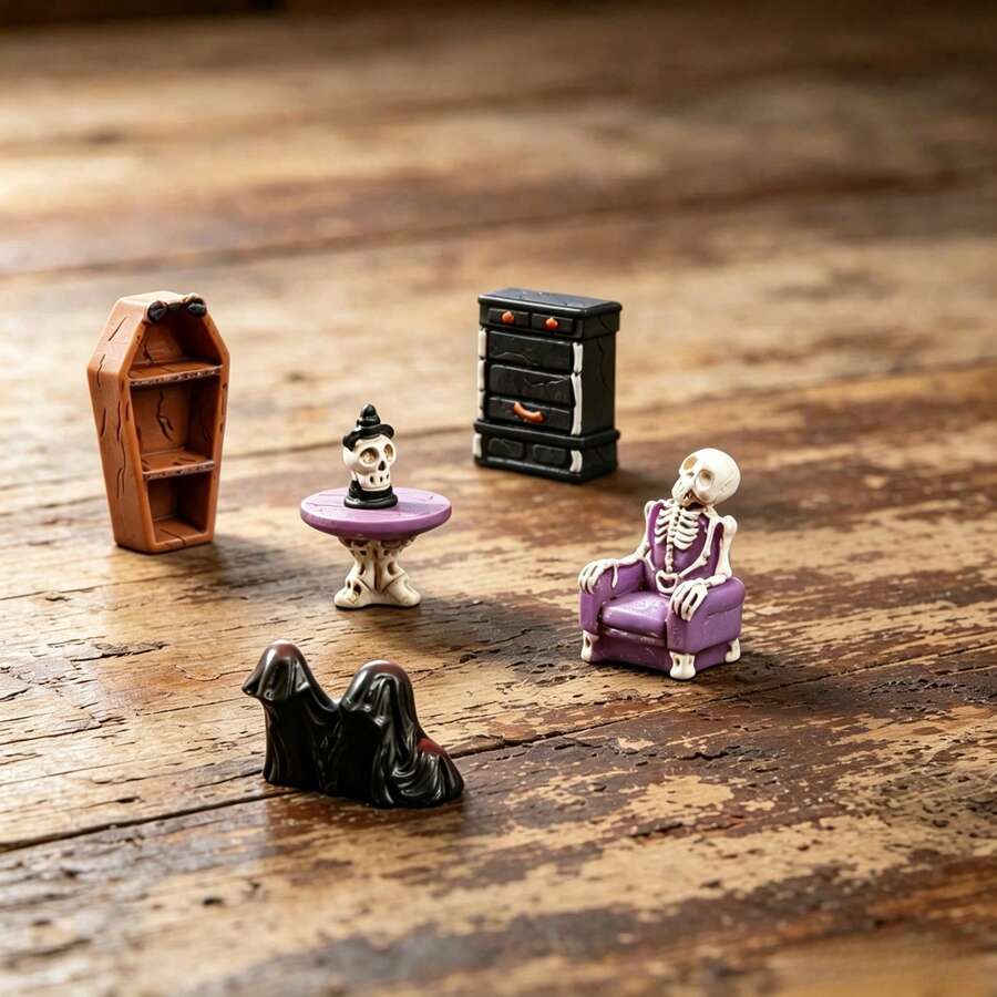6pcs Ghost Skeleton Furniture Statue Set, Suitable For Room Decoration, Desktop Ornament, Resin Craft, Micro Landscape DIY Decoration Accessories, Applicable For Halloween Theme Party Decor - A - View 1