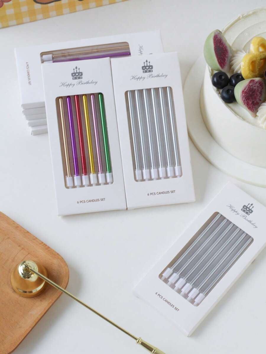 6pcs/set Wax Cake Candle, Textured Cake Decorating Candle For Birthday Party - Silver - View 1