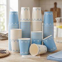 10/20/50 Pcs,Soft Blue And Off‑White Scroll Trim Disposable 9oz Paper Cups,Delicate Curved Loop Border Pattern Party Cups,Lightweight Disposable Drink Cups,For Gender Reveal Party,Nautical Theme,Engagement Party,Spring Celebration,BabyShower - Blue - View 1