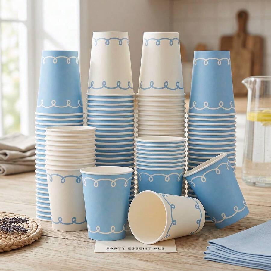 10/20/50 Pcs,Soft Blue And Off‑White Scroll Trim Disposable 9oz Paper Cups,Delicate Curved Loop Border Pattern Party Cups,Lightweight Disposable Drink Cups,For Gender Reveal Party,Nautical Theme,Engagement Party,Spring Celebration,BabyShower - Blue - View 1
