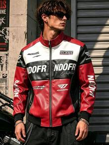 男士拼色賽車皮革夾克，立領、拉鍊、字母印花，嘻哈街頭風機車騎行外套，適合春秋穿著 - 紅色 - 查看 2