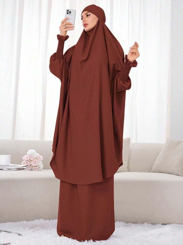2 Pieces Hijab Abaya Set, Elastic Shirred Cuff Prayer Dress, Modest Muslim Kaftan For Women - Multicolor - View 22