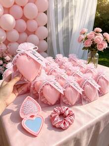 8/4/1 Set - Gender Reveal Party Favors, Pink Heart-Shaped Portable Folding Mirror Comb With Organza Bag And Thank You Card Gift Set - DIY Fillable Gift Bag, Cute Pink Heart Folding Mirror Comb, Scalp Massage Gift Packaging Bag Thank You Gift - Suitable As Baby Shower Party Favors, Baby Shower Gifts, Gender Reveal Party Theme, Children's Birthday Gifts, Guest Favors, Ideal Choice For Party Supplies And Decorations - Multicolor - View 10