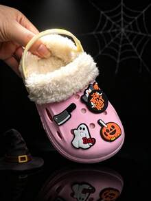 Halloween Cartoon Ghost Pumpkin Charm Fuzzy Lined Clogs For Toddler Kids, Warm Plush Slip On Winter Garden Slippers Non-Slip Thick Sole House Shoes - Pink - View 7