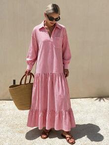 Women Striped Maxi Shirt Dress Boho Casual Long Gown V Neck Vertical Stripe Tunic Lantern Sleeve Tiered Hem Loose Vacation Beachwear - Multicolor - View 7