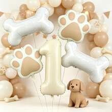 5Pcs Cream Number 0‑9 Dog Bone Paw Print Foil Balloon Set, Pet Theme Birthday Party Decor - View 1
