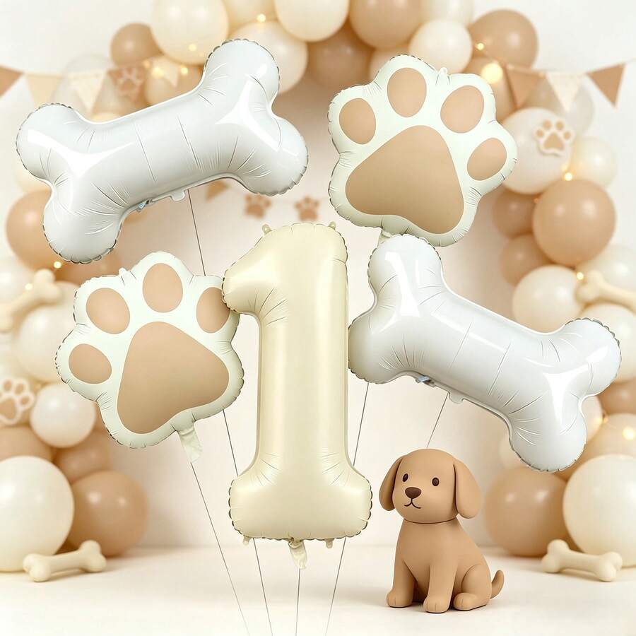 5Pcs Cream Number 0‑9 Dog Bone Paw Print Foil Balloon Set, Pet Theme Birthday Party Decor - View 1