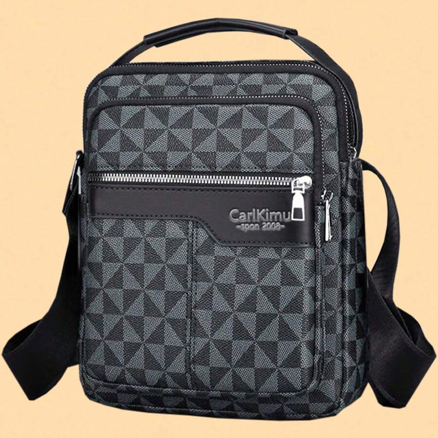 Geometric Letter Pattern Men's Crossbody Bag, Patchwork Multi-Zipper Top Handle Adjustable Shoulder Strap Business Casual Vertical Messenger Bag - Multicolor - View 1