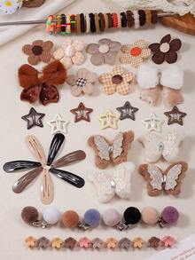 823pcs Milk Coffee Vintage Academy Style Plush Hair Accessories Set, Suitable For Girls. Plush Rhinestone Bows, Pom Poms, Plaid Flowers, Glitter Plush Butterfly Hair Clips, Water Drop Bangs Clips, Mini Claw Clips And Multiple Basic High Elastic Hair Ties. Can Be Used For Daily/Party/Outing - Multicolor - View 7