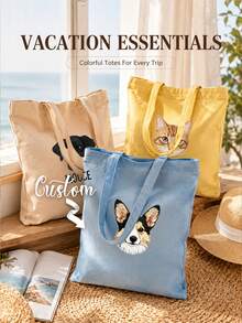 Personalized Pet Photo And Name Tote Bag, Large Capacity Shoulder Bag, Customizable Foldable Personalized Tote Bag Featured With Name Logo Text, Available In Various Colors,Solid Color Large Capacity Shoulder Bag,Suitable For Work, Travel And School,Suitable For Holidays.Ideal Gift For Birthday, Anniversary And Valentine's Day. - Multicolor - View 1