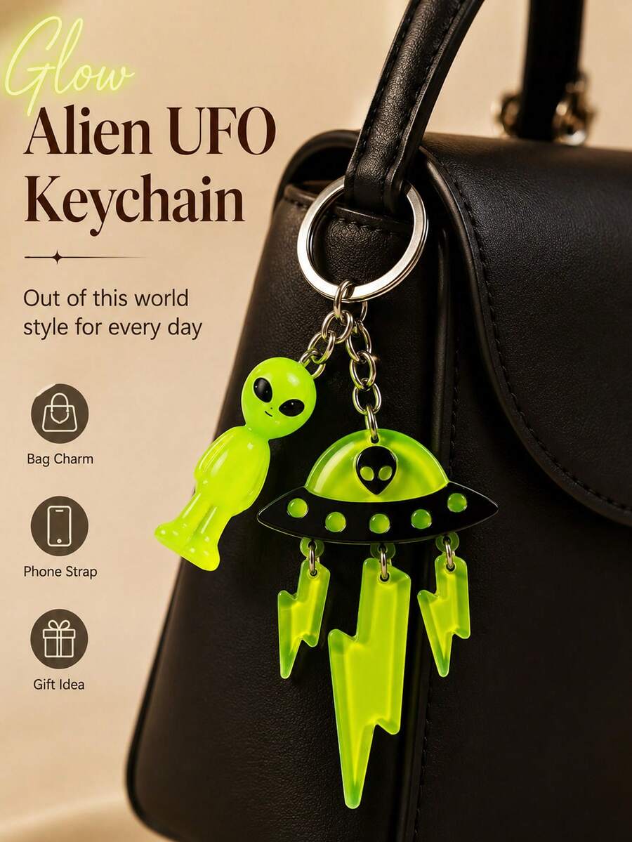 Cute Glowing Alien UFO Keychain, Fun Portable Fashion Accessory, Gift For Friends, Earphone Case, Pendant Ornament - Multicolor - View 1