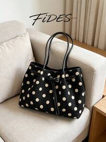 1PC New Women's Polka Dot Print PU Large Capacity Tote Bag, Belt Buckle Design Shoulder Bag, Simple Commute Large Bag, Suitable For Daily Outings, Shopping, Commuting, Versatile Women's Handbag/Shoulder Bag - Black - View 4