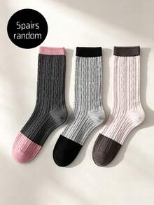 1/5/10 Pairs Autumn/Winter Twisted Pattern Contrast Color Tube Socks, Simple Knitted Socks, Antibacterial, Moisture-Wicking, Breathable And Comfortable, Suitable For Sports, Home, Casual, Commuting, Campus - Multicolor - View 7