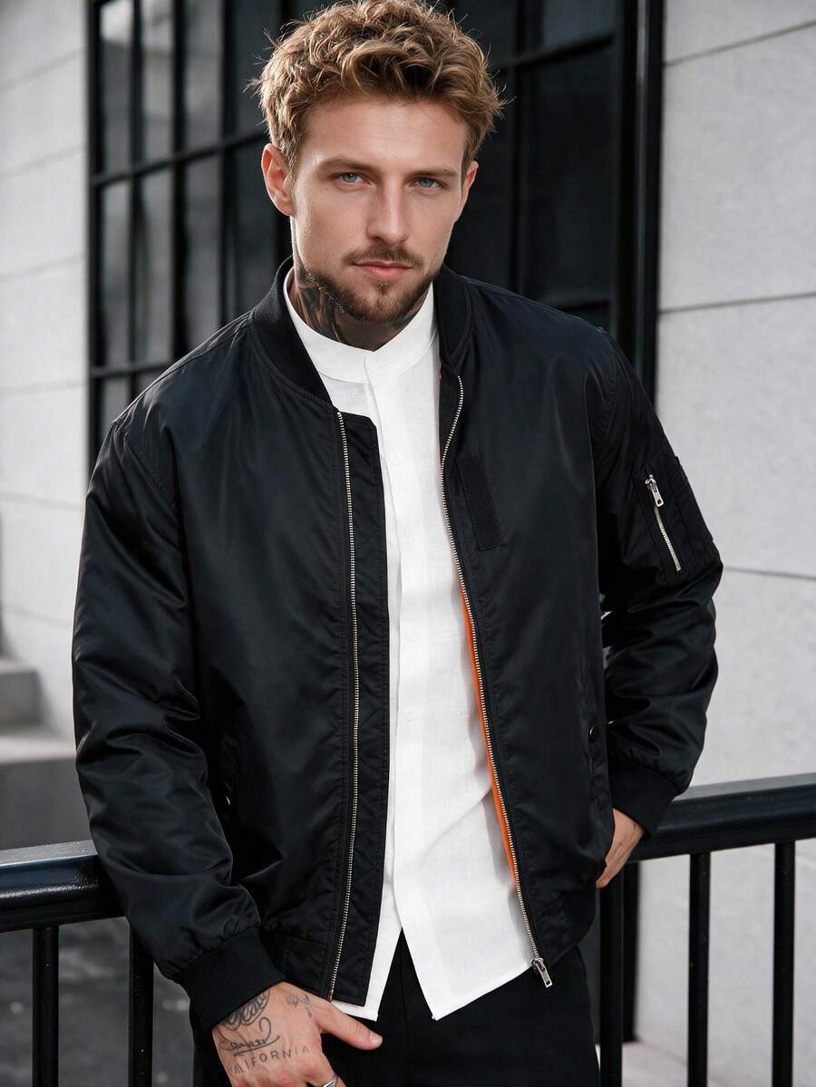 Men's Spring/Autumn Solid Color Thin Baseball Collar Casual Retro New Baseball Flight Jacket Coat - Black - View 1