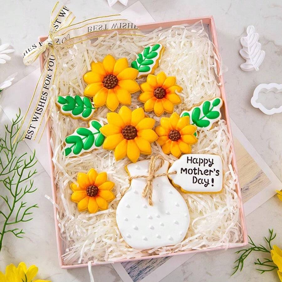 1pc/2pcs Flower Bouquet Cookie Cutter Set, Sunflower Vase Leaf Tag Embossing Baking Molds For Floral DIY Dessert & Handmade Gift Box - View 1