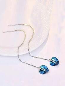 1 Pair S925 Sterling Silver Minimalist Luxury Cool Tone Ins Blue Heart Long Earline French Fashion Gentle Atmosphere Elegant Niche Design Ocean Heart Tassel Heart-Shaped Women's Earrings Fresh Elegant Personality High-End Party Versatile Accessory Gift - Love - View 4