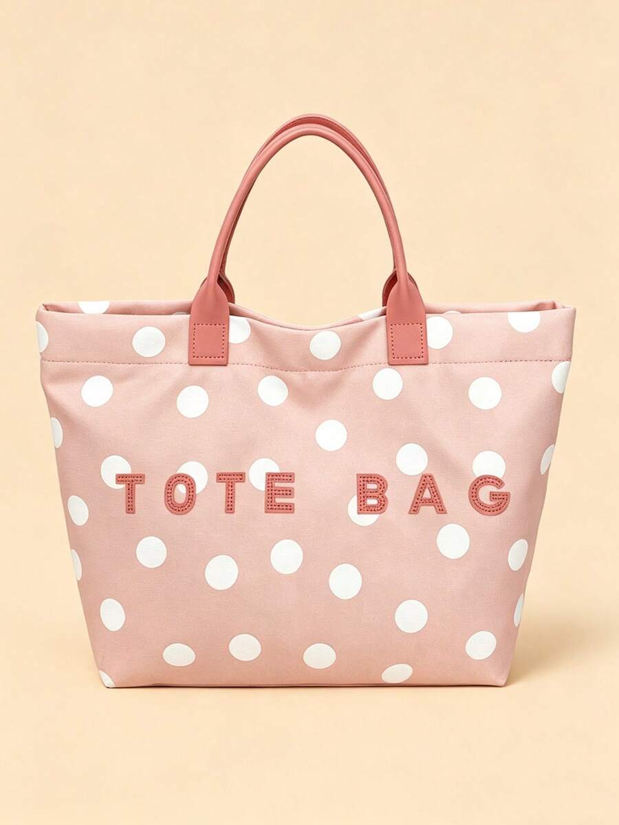 New Women's Nylon Polka Dot Print Tote Bag, Simple Lightweight Large Capacity Shopping Bag With Letter Decor Design - Pink - View 1