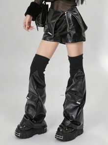 STAR RIVER Subculture Y2K Style Black Leather Patchwork Ribbed Hot Girl 3D Pocket Techwear Leg Warmers - Black - View 6