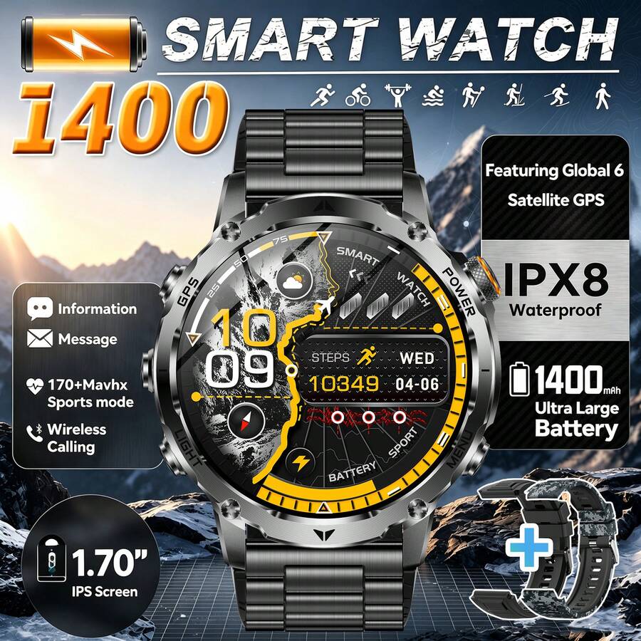 GAWSUG 1400mAh Rugged Smart Watch Military Tactical IPX8 Waterproof Bluetooth Call Flashlight Fitness Tracker Men Women Gift - View 1
