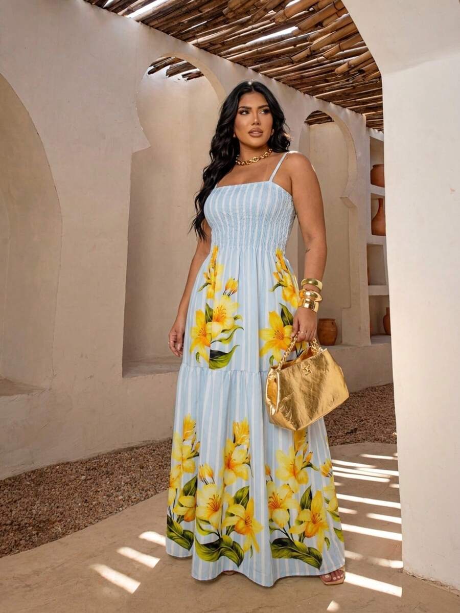 Vestido Longo Plus Size Estampado  Listrado Poa All Curve Poa Florido Glamor - Azul Listrado - Visão 1