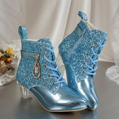 1 Pair Girls' Boots 2026 Autumn/Winter New High Heel Kids Plus Size Ankle Boots Fashionable Princess Boots Suitable For Party And Vacation