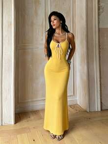 1pc Solid Color Elegant Knit Fabric Sleeveless Dress Beach Summer - Yellow - View 2