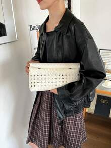 純色 PU 皮革輕量大容量翻蓋磁扣小方包，多功能派對與晚餐包，適合女性 - 白色 - 查看 9