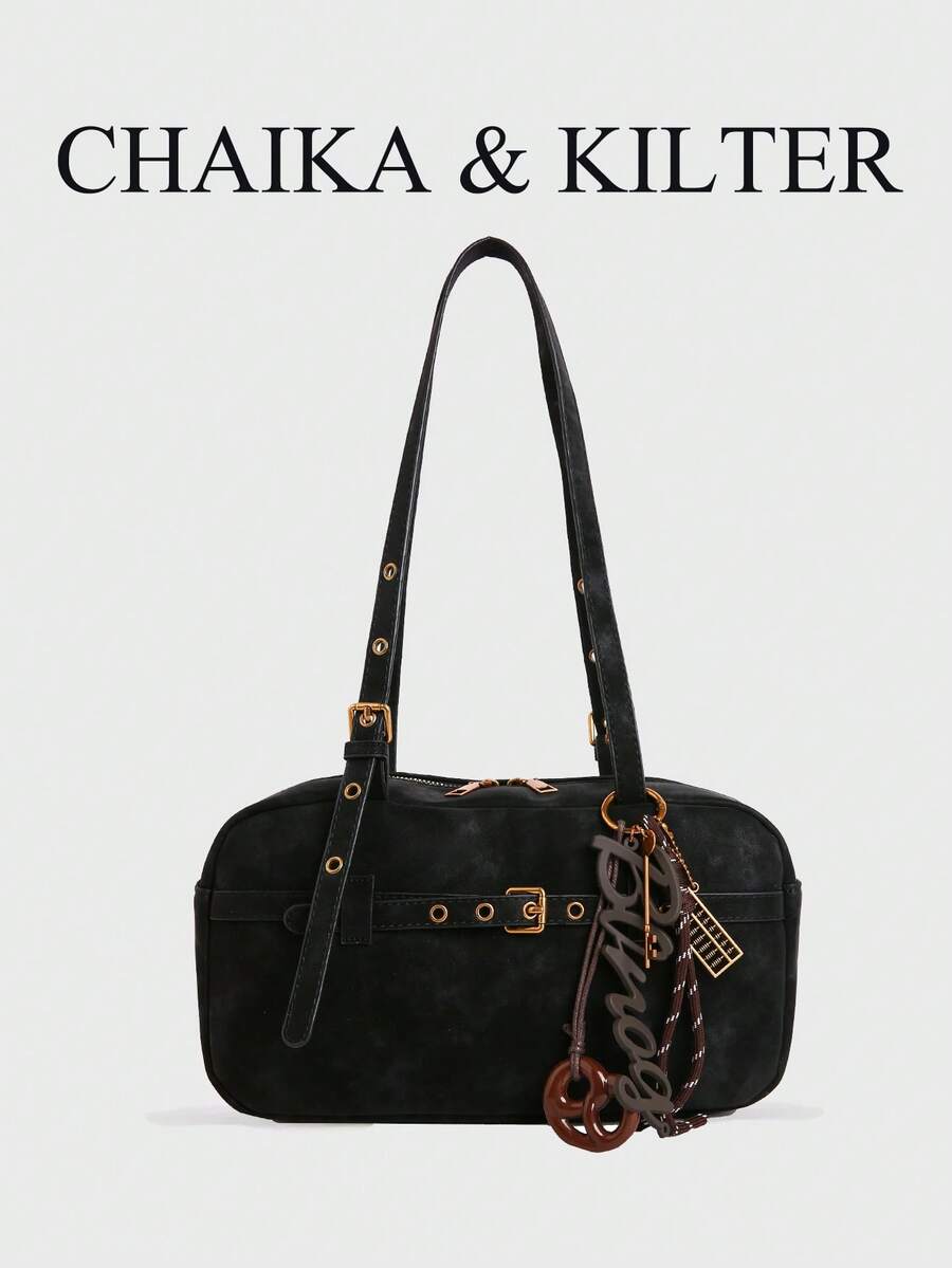 CHAIKA & KILTER 1pc Solid Color Suede Fabric Women's Vintage Fashion Matte One Shoulder Bowling Bag, Contrast Quilted Stitching, Dual Handle Design, Zipper Closure, Suitable For Daily And Travel Use (Includes Pendant)