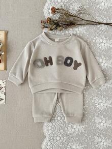 2Pcs/Set Baby Spring/Autumn 2 Pieces Set, Boy Baby Towel Embroidered Letter Crew Neck Sweatshirt Casual Cuffed Long Pants, Children's Outfit - Light Grey - View 6