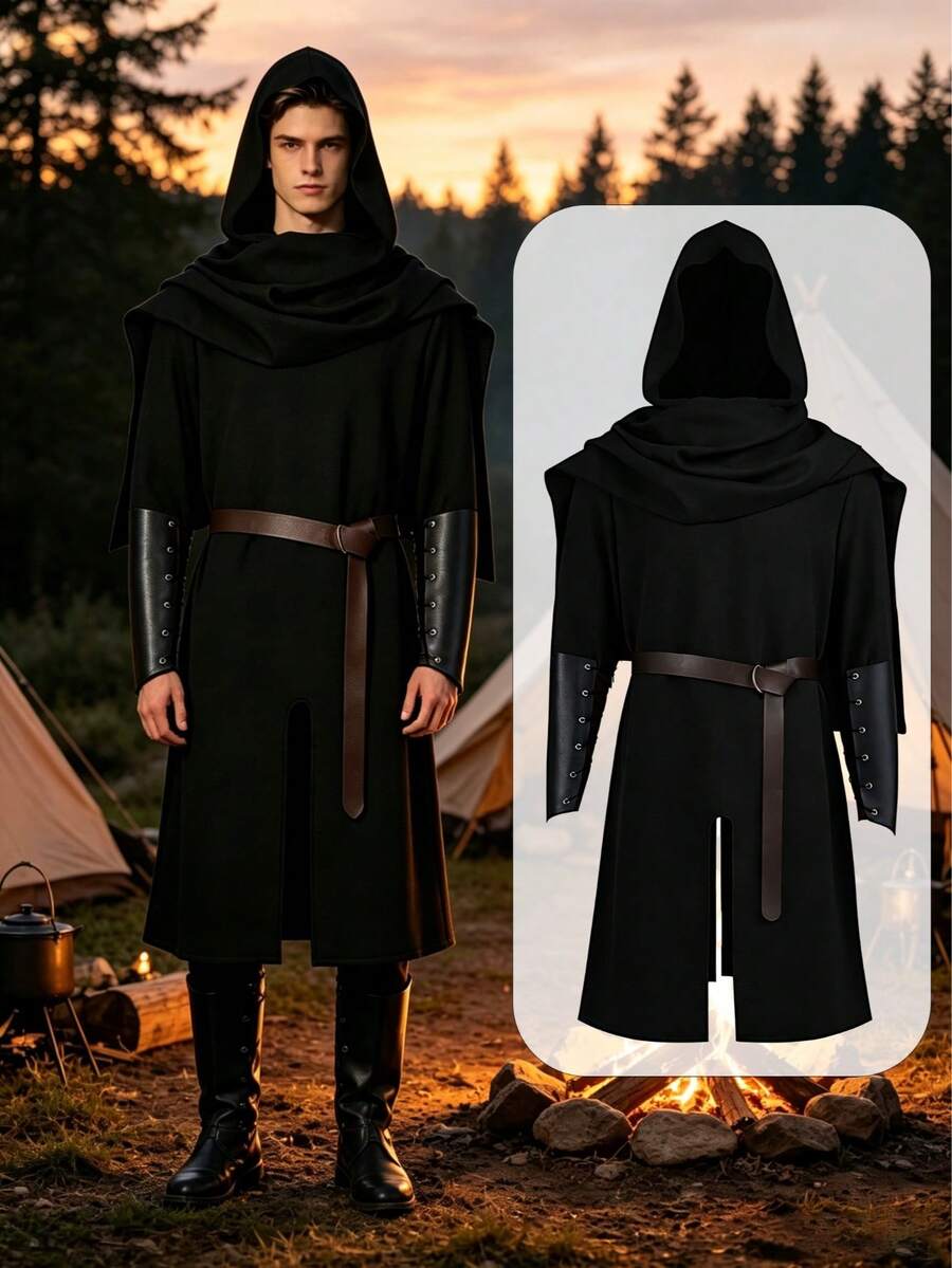 Men's Dark Medieval Hooded Long Robe Set, Vintage Gothic Style Detachable Hooded Cape + Slit Long Inner Robe, Paired With Brown Leather Belt And Lace-Up Leather Wrist Guards, Loose Fit With Slimming Effect And Great Drape, Breathable And Durable Fabric, Versatile For Dark Ranger, Hermit, Wizard, Night Walker And Other Role-Play, Inclusive Fit For Various Body Types, Perfect For Photo Atmosphere, Role-Play Costume Piece - Black - View 1