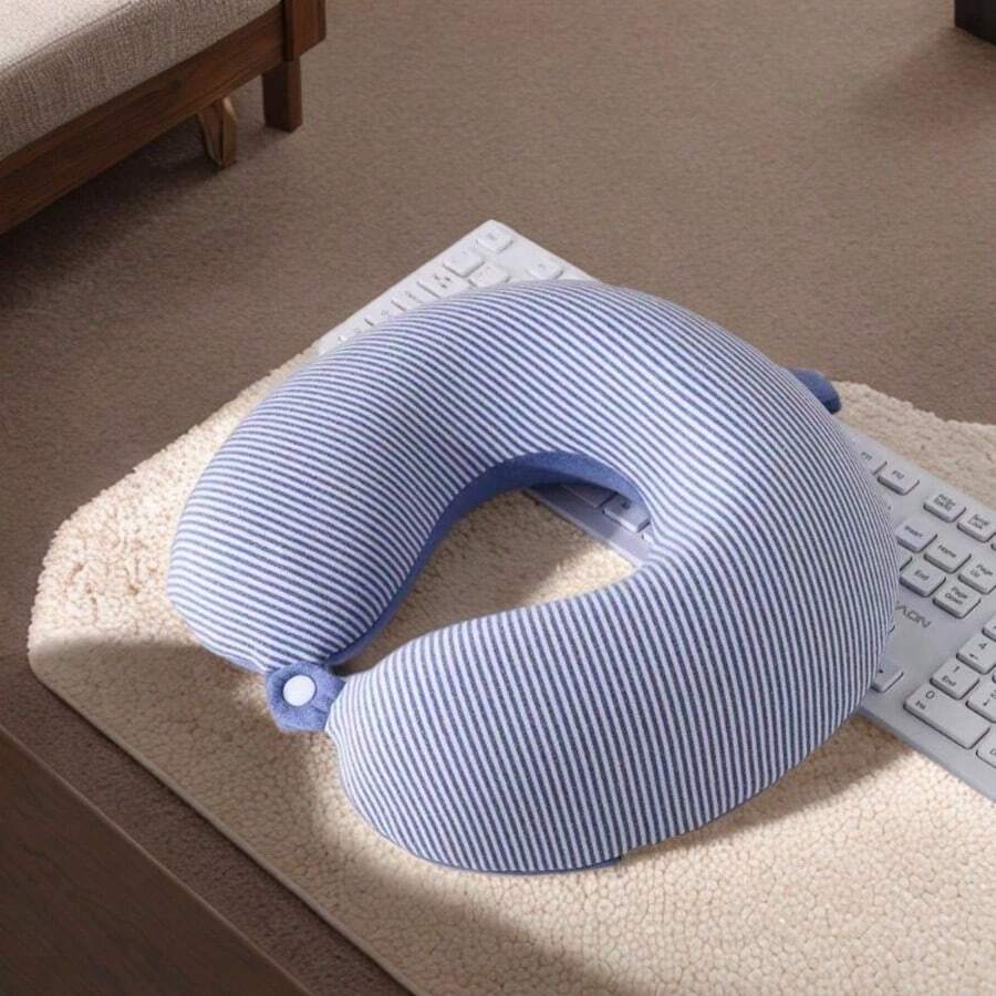 U-Shaped Neck Pillow Travel Airplane Headrest Adult Neck Support Pillow Portable Neck Pillow Airplane Neck Pillow Office Nap Pillow - Blue AB Double-sided Striped - View 1