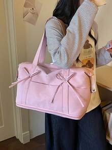 Travel Luggage Bag With Bow Embroidery And Embossed Logo Decor, Layered Storage For Clothes And Personal Items, Zipper Closure, Minimalist Soft Style Handheld Travel Bag, Suitable For Short Trips, Business Travel, Fitness, And Outings, Large Capacity Lightweight Shoulder Crossbody Bag - Pink - View 6