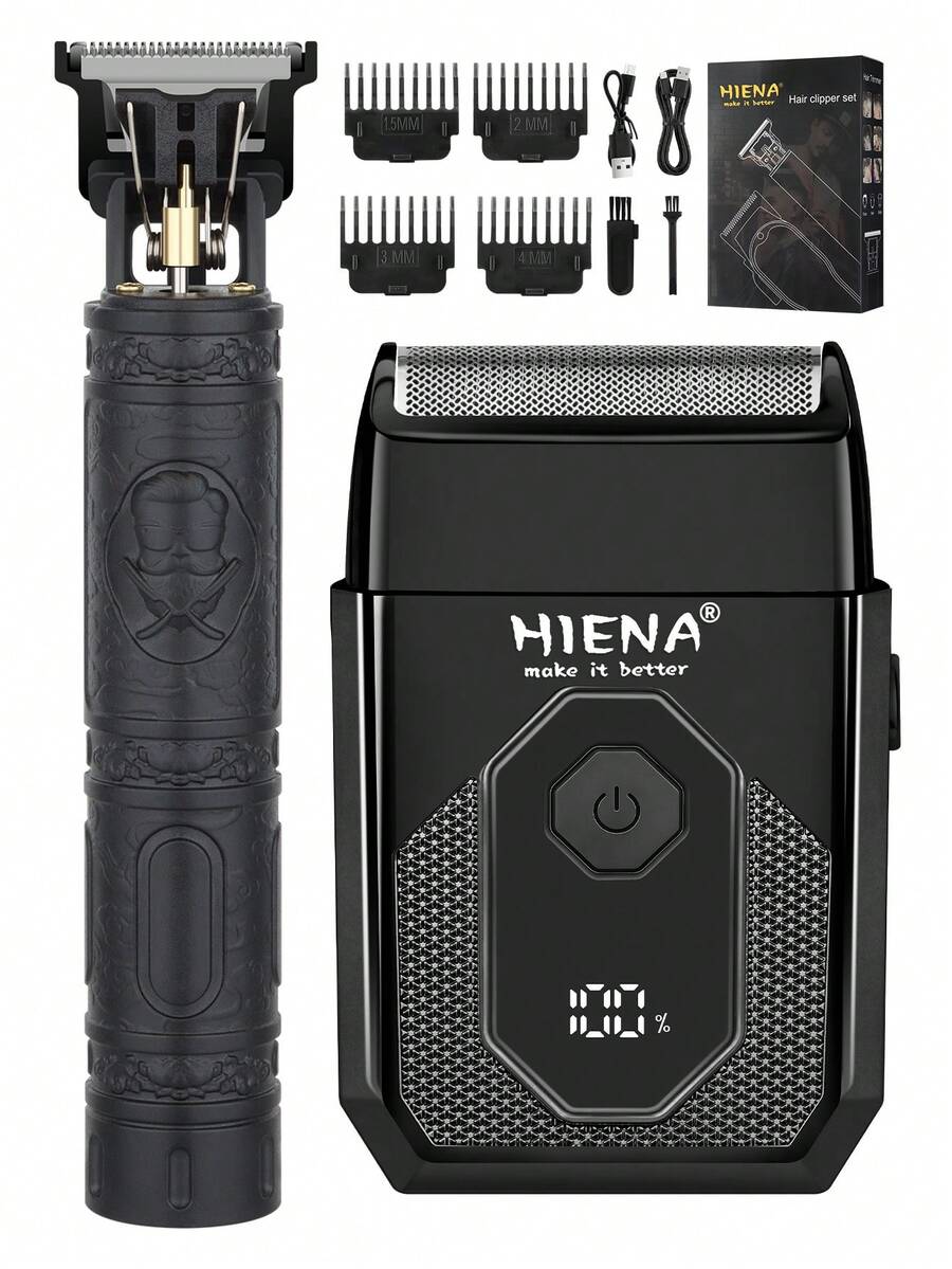 HIENA Electric Shaver Combination Set Reciprocating Shaver, Black Appearance, Suitable For Shaving, Sideburns, Carving Scissors, Silky Smooth, USB Charging, Equipped With 4 Limit Combs And Cleaning Brushes, Mini Body For Easy Carrying Outside - Black - View 1