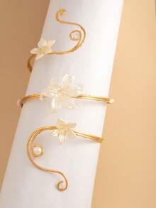 1pc Handmade Wrapped Flower Pearl Arm Cuff, Open Design, Vacation Style Dress Accessory - White - View 3