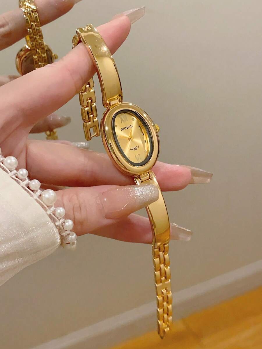 1件時尚方形女款超亮石英手錶,適合日常佩戴,粉色/金色/黑色可選 - 金色 - 查看 1